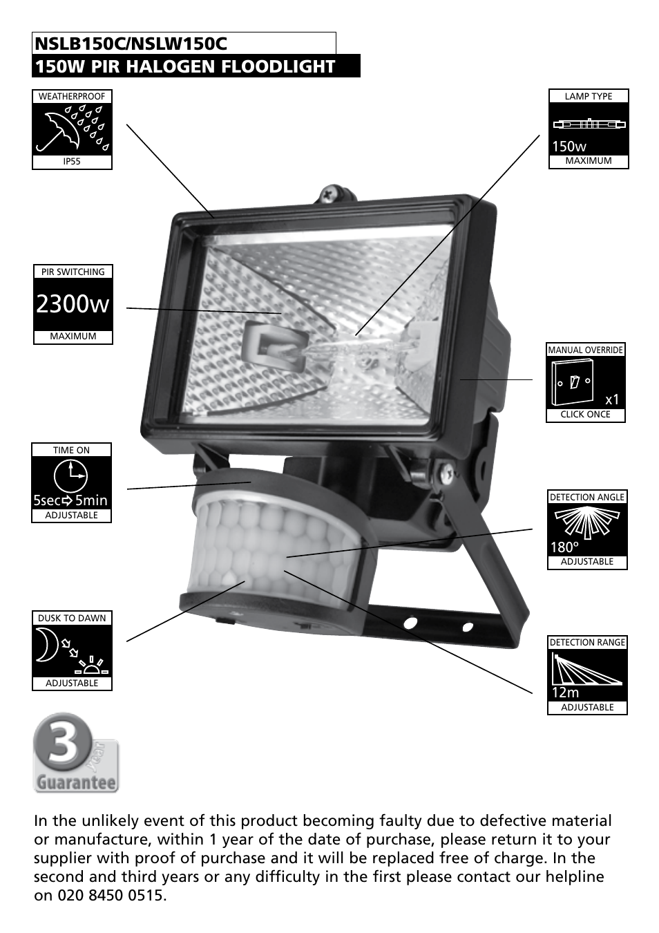 2300w, Black, 180º | 150w, 5sec 5min, 230w, 500w | Timeguard NSLB150C User Manual | Page 3 / 11