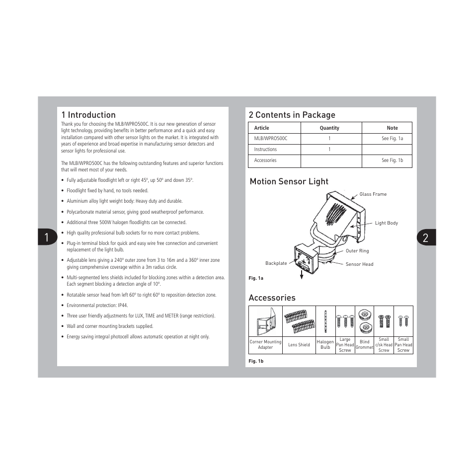 1 introduction, 2 contents in package, Accessories | Motion sensor light | Timeguard MLBPRO500C User Manual | Page 2 / 9