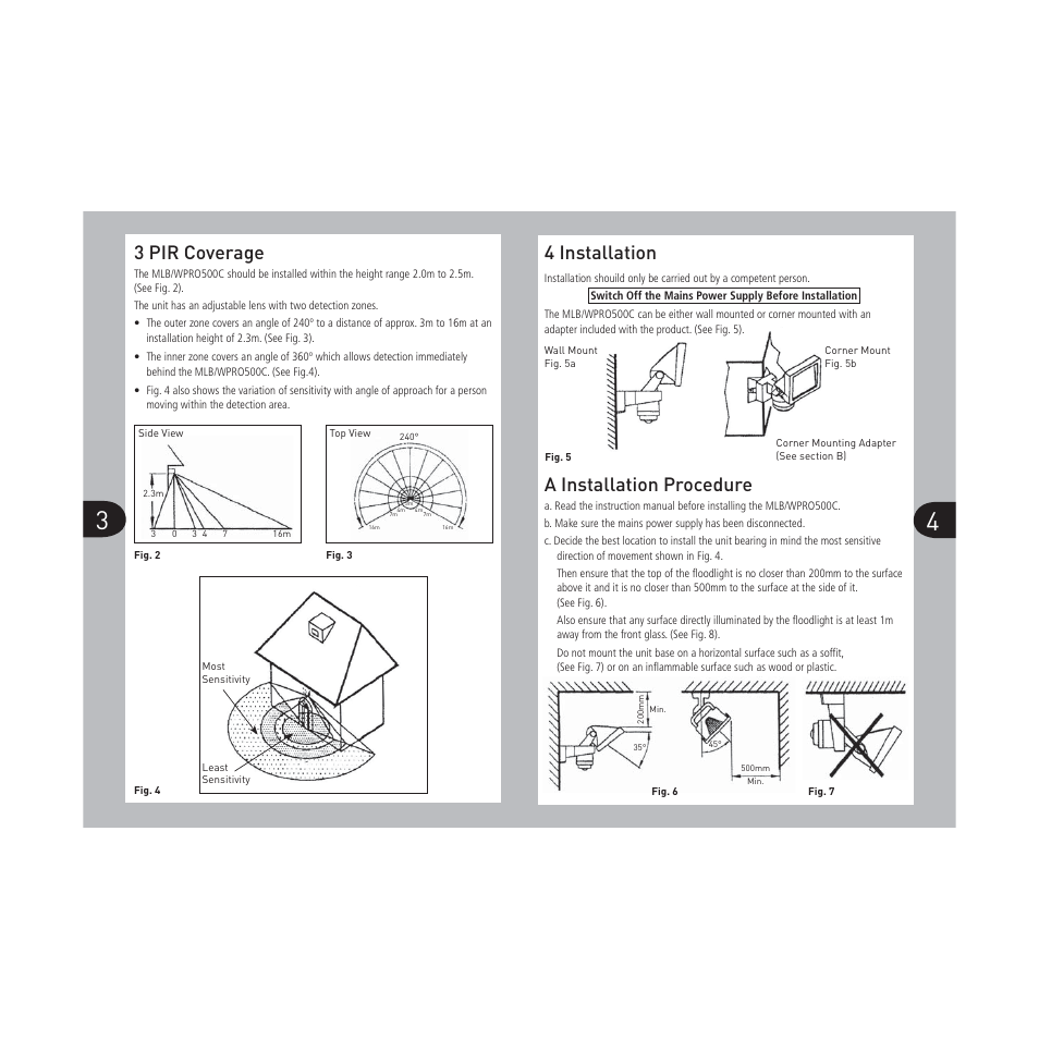 3 pir coverage, 4 installation, A installation procedure | Timeguard MLBPRO500C User Manual | Page 3 / 9