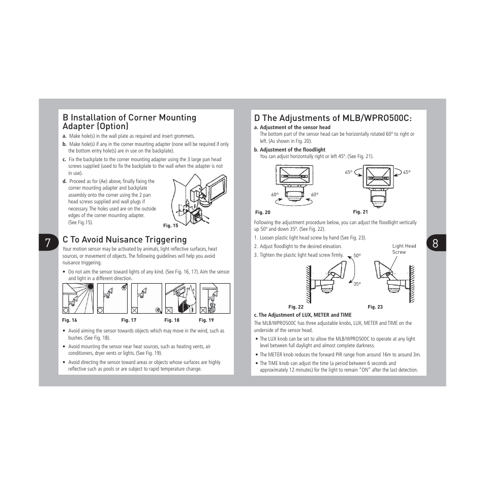 B installation of corner mounting adapter (option), C to avoid nuisance triggering, D the adjustments of mlb/wpro500c | Timeguard MLBPRO500C User Manual | Page 5 / 9