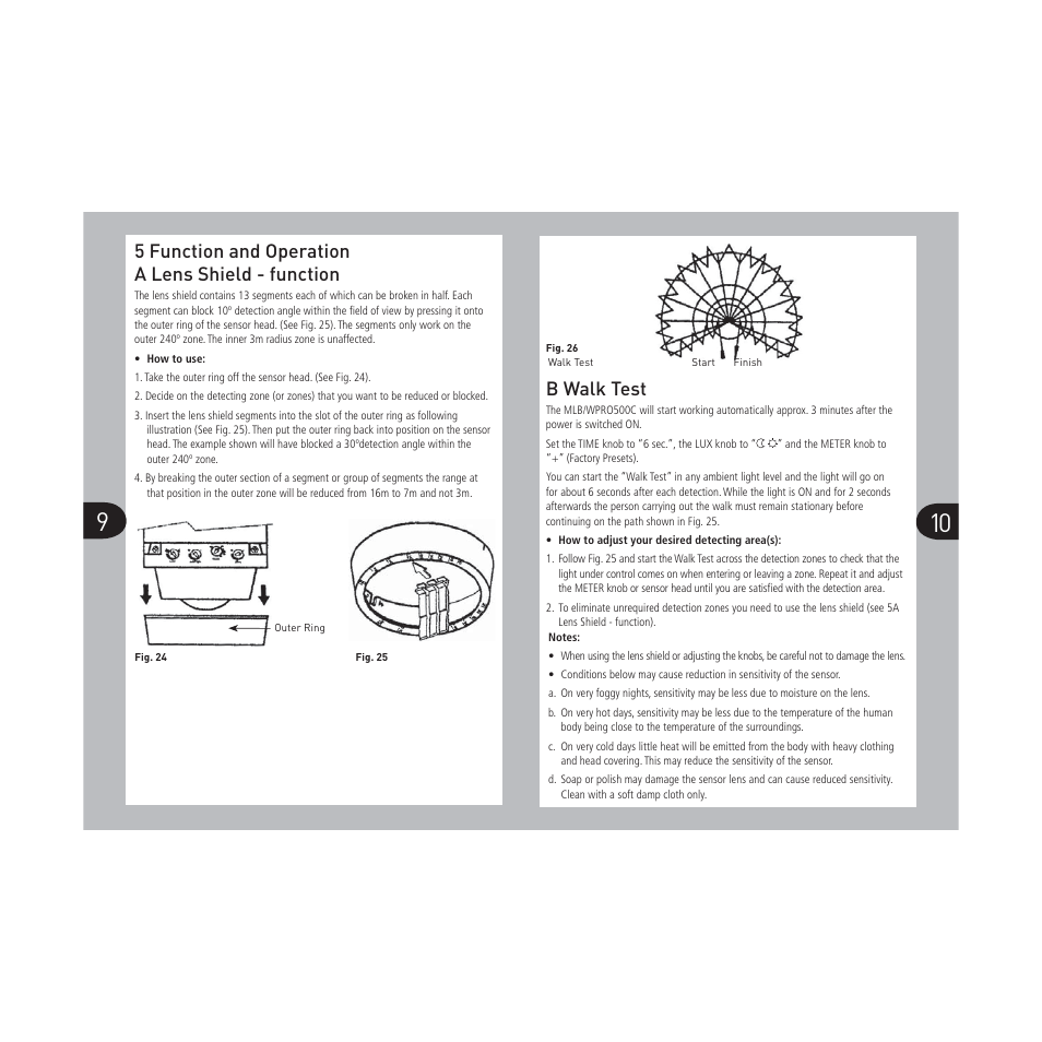 5 function and operation a lens shield - function, B walk test | Timeguard MLBPRO500C User Manual | Page 6 / 9