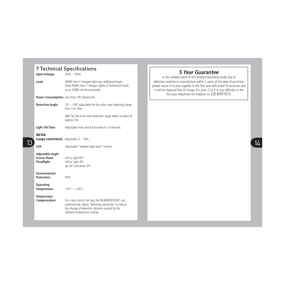 5 year guarantee, 7 technical speciﬁ cations | Timeguard MLBPRO500C User Manual | Page 8 / 9