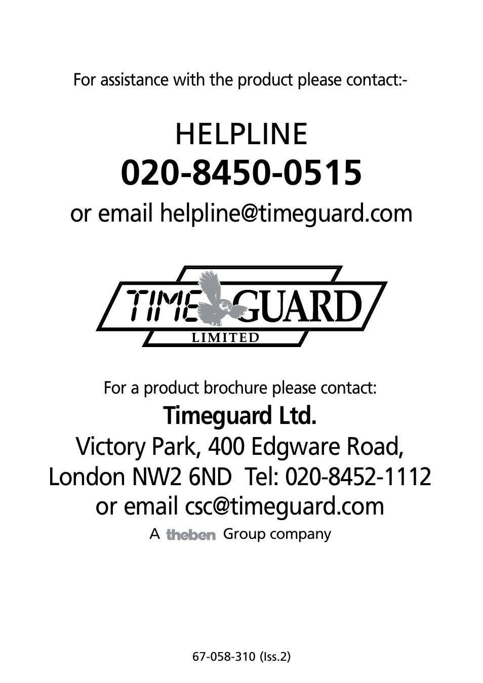 Helpline | Timeguard MLB150C User Manual | Page 12 / 12