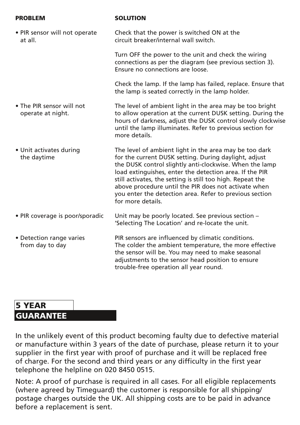 5 year guarantee | Timeguard MLWTS User Manual | Page 10 / 12
