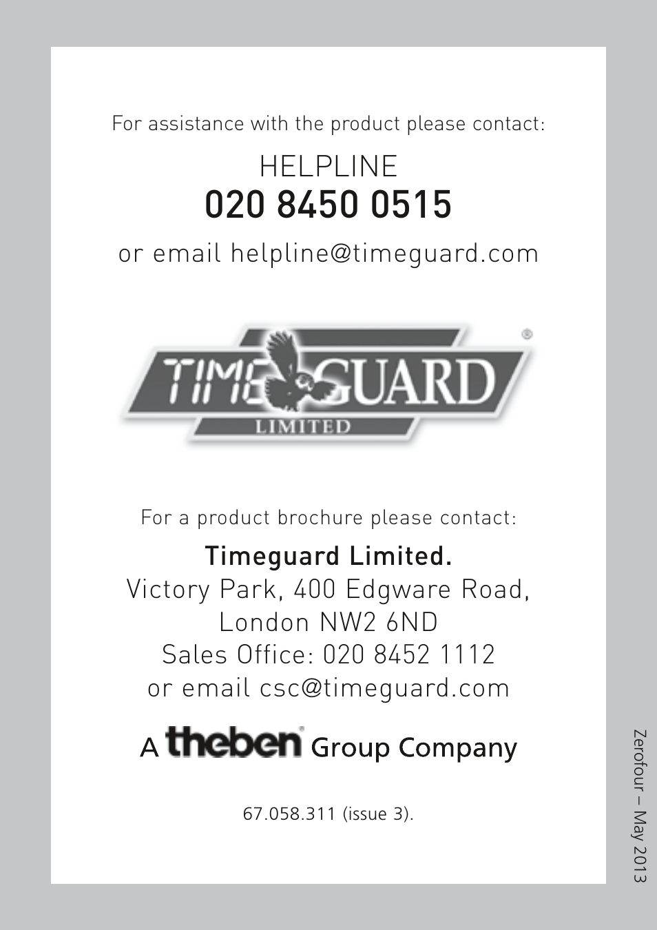Helpline | Timeguard MLWTS User Manual | Page 12 / 12