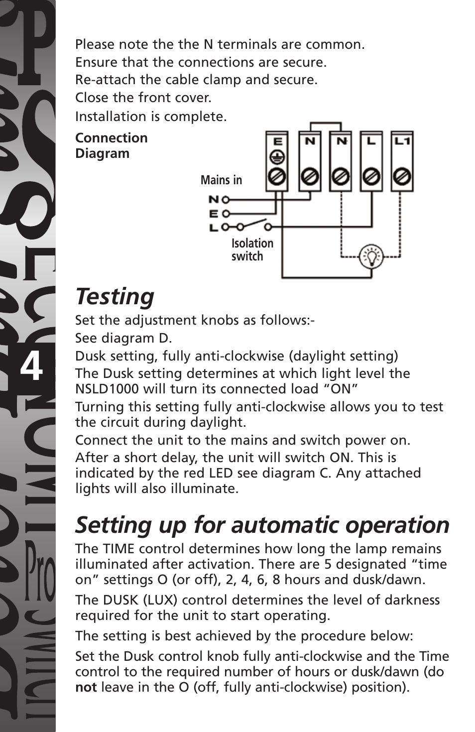 Testing, Setting up for automatic operation | Timeguard NSLDD1000 User Manual | Page 5 / 8