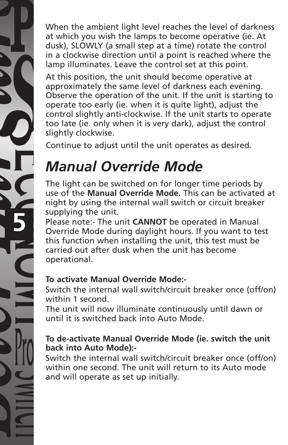 3 year guarantee, Manual override mode | Timeguard NSLDD1000 User Manual | Page 6 / 8