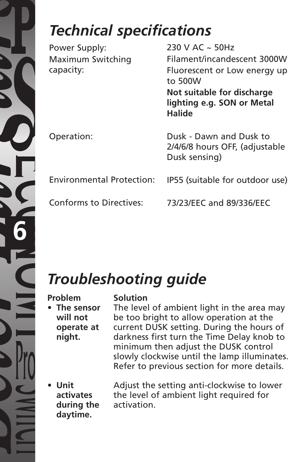 Installation & operating instructions, Technical specifications, Troubleshooting guide | Timeguard NSLDD1000 User Manual | Page 7 / 8