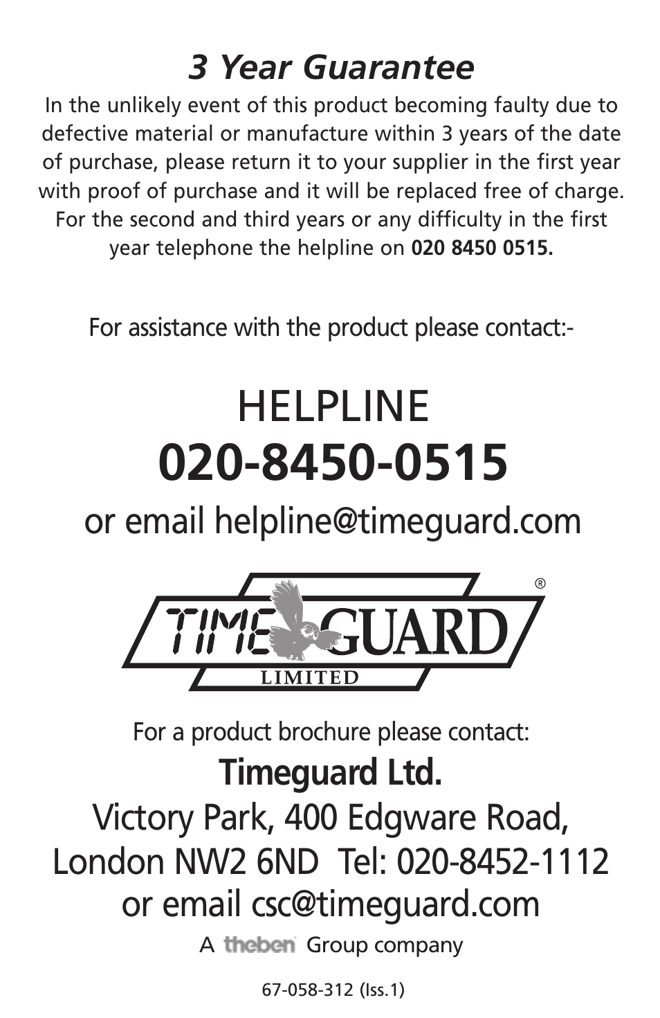 Helpline, 3 year guarantee | Timeguard NSLDD1000 User Manual | Page 8 / 8