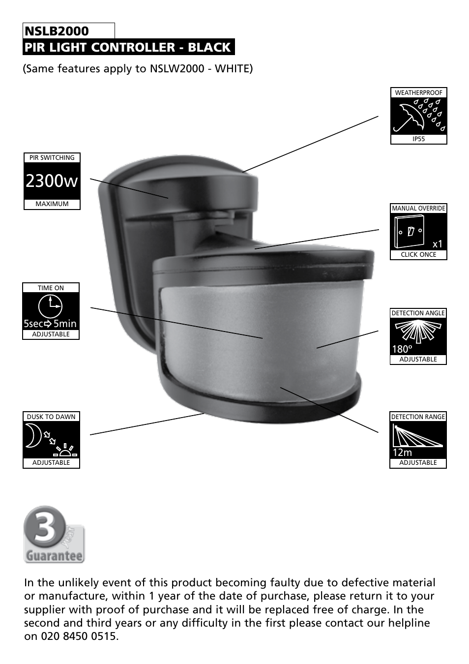 2300w, Black, Nslb2000 pir light controller - black | 180º, 500w, 5sec 5min, 230w | Timeguard NSLB2000 User Manual | Page 2 / 10
