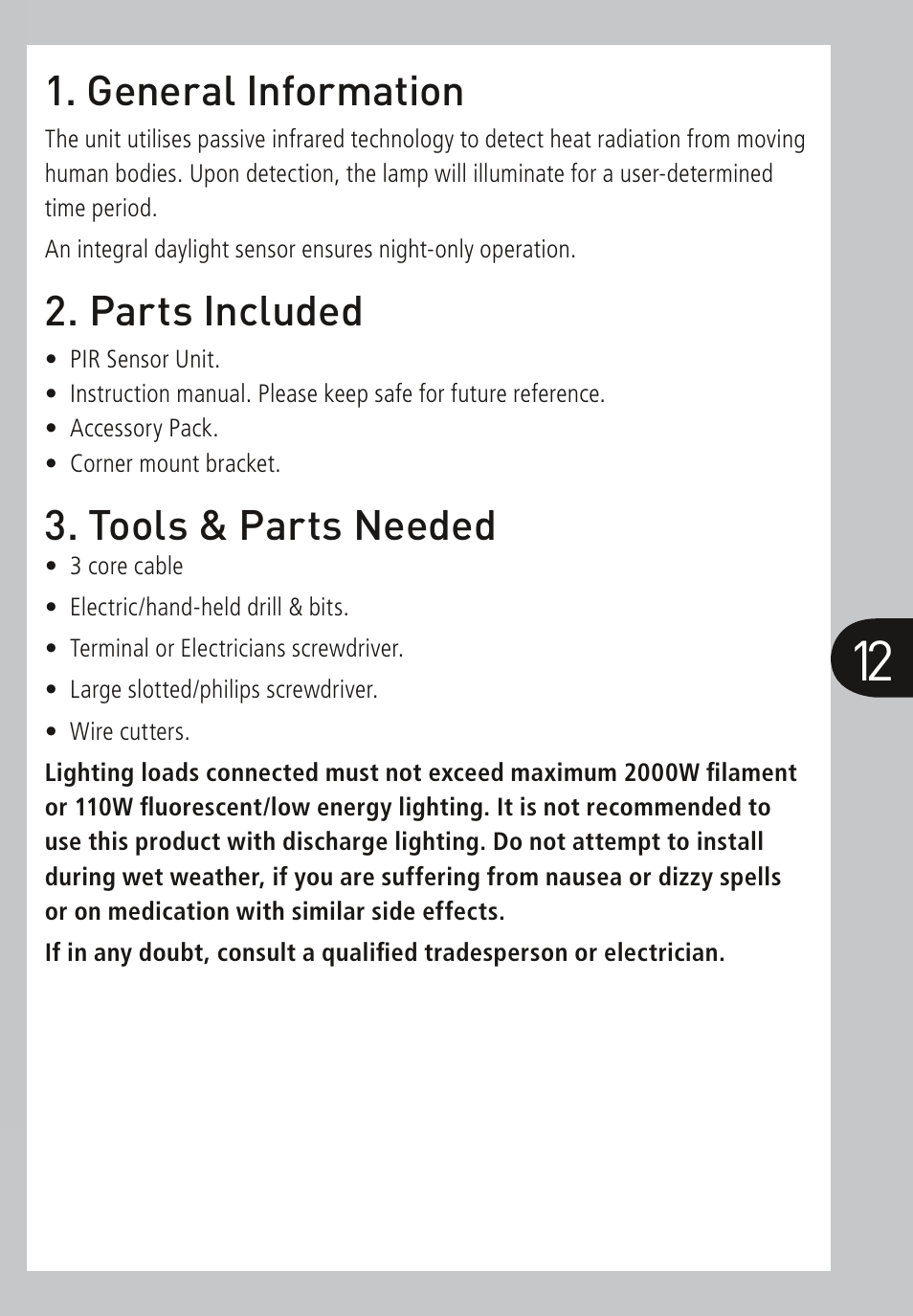 General information, Parts included, Tools & parts needed | Timeguard MLSA360N User Manual | Page 13 / 20