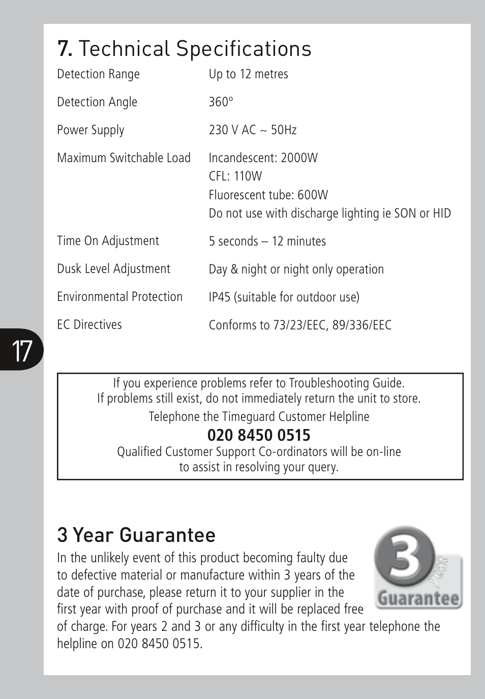 Technical speciﬁ cations, 3 year guarantee | Timeguard MLSA360N User Manual | Page 18 / 20