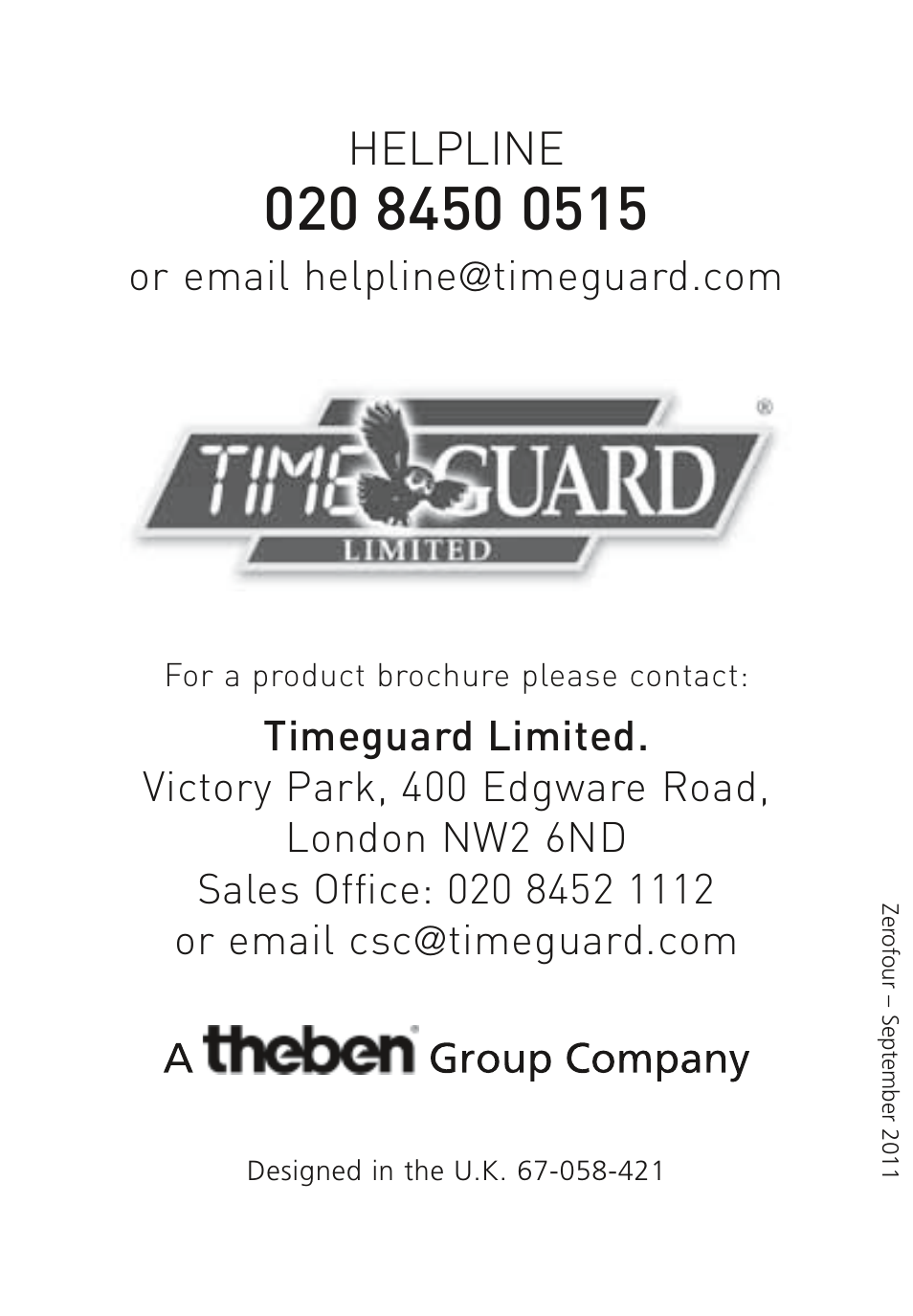 Helpline | Timeguard MLSA360N User Manual | Page 20 / 20