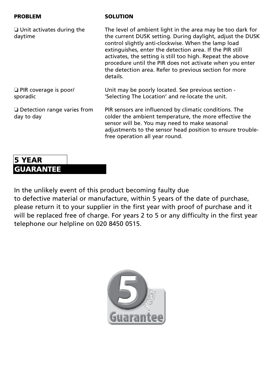 5 year guarantee | Timeguard MLB3000 User Manual | Page 11 / 12