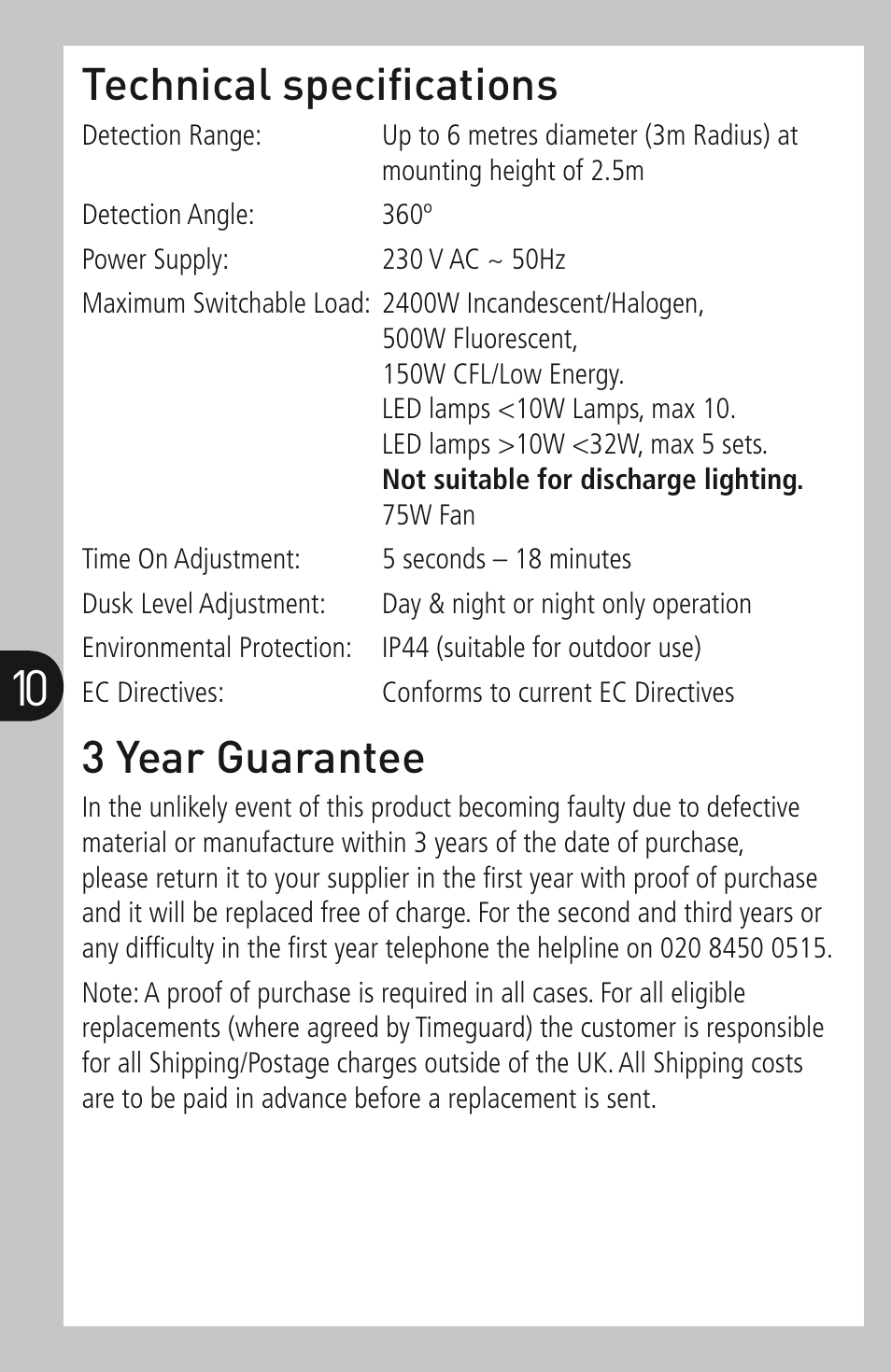 Technical specifications, 3 year guarantee | Timeguard SLW360L User Manual | Page 11 / 12