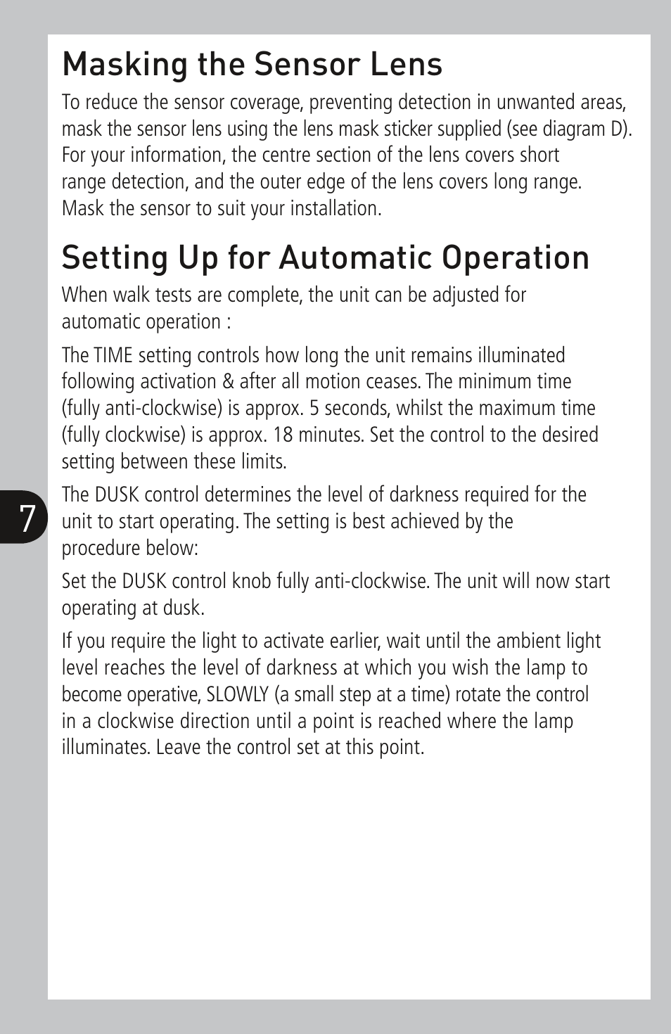 Masking the sensor lens, Setting up for automatic operation | Timeguard SLW360L User Manual | Page 8 / 12