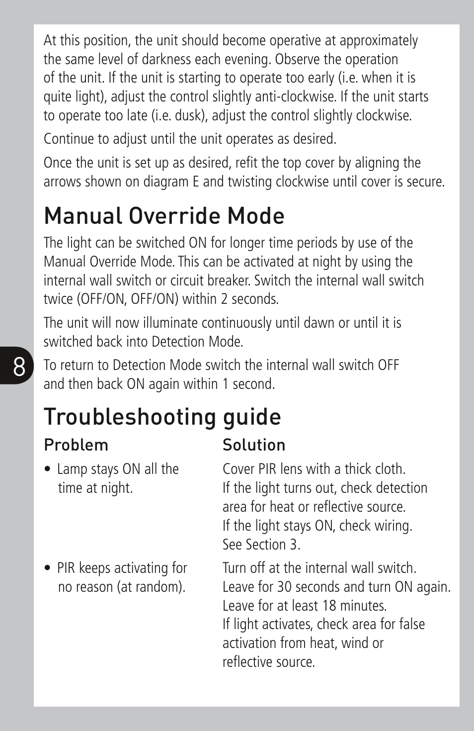 Manual override mode, Troubleshooting guide | Timeguard SLW360L User Manual | Page 9 / 12