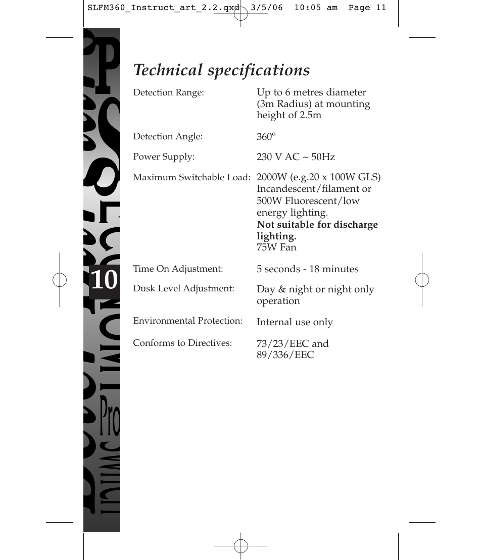Technical specifications | Timeguard SLFM360 User Manual | Page 11 / 12