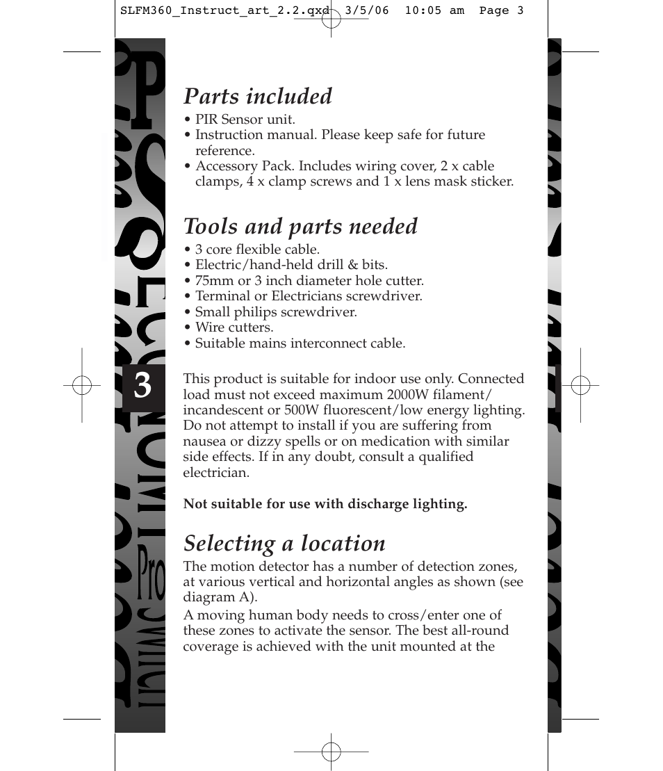 Parts included, Tools and parts needed, Selecting a location | Timeguard SLFM360 User Manual | Page 4 / 12