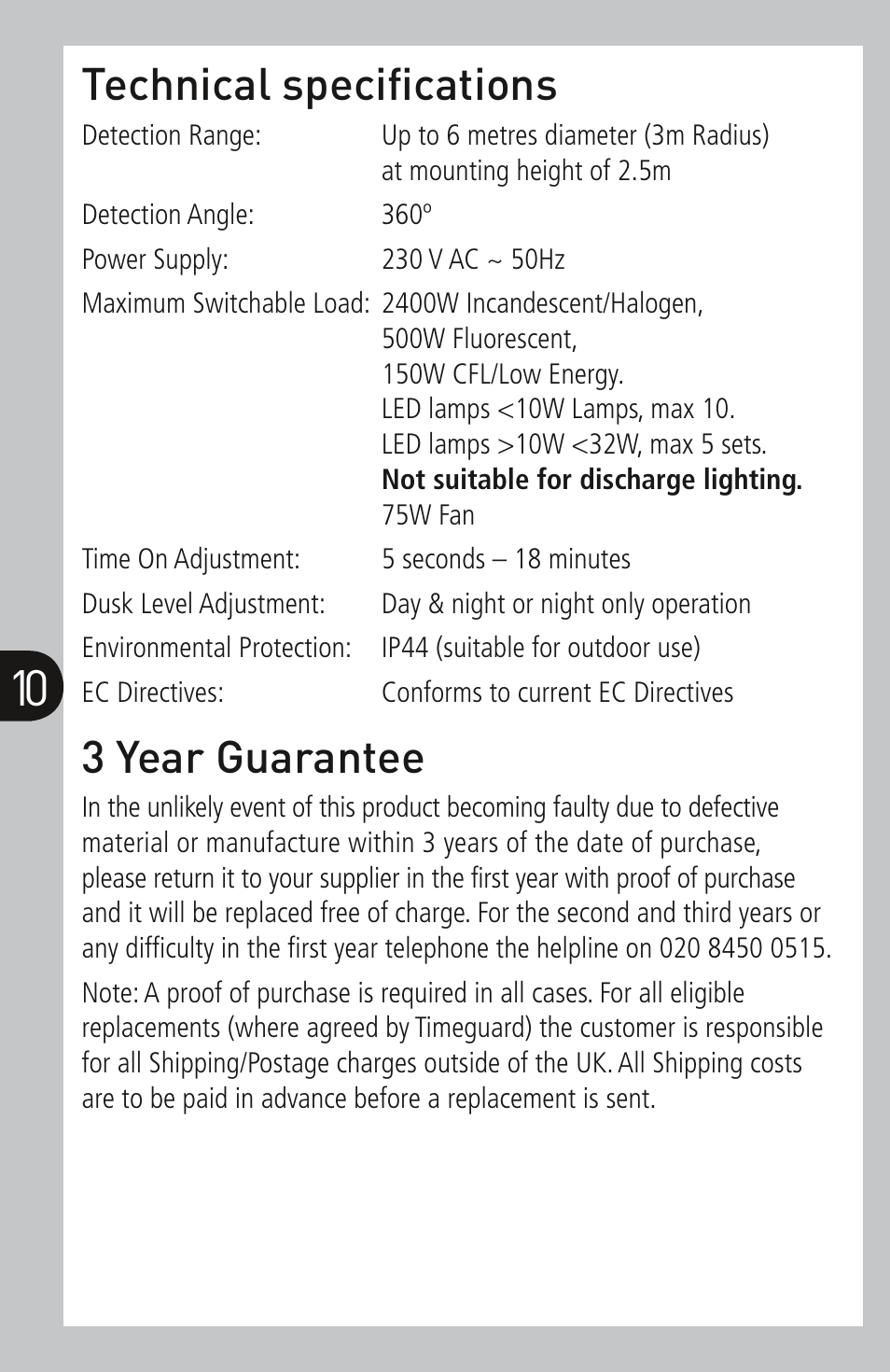 Technical specifications, 3 year guarantee | Timeguard SLFM360L User Manual | Page 11 / 12