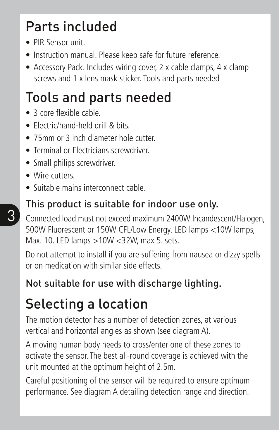 Parts included, Tools and parts needed, Selecting a location | Timeguard SLFM360L User Manual | Page 4 / 12