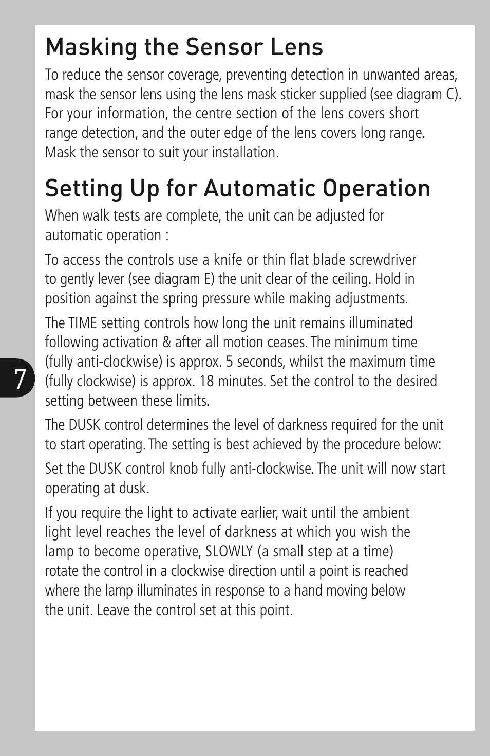 Masking the sensor lens, Setting up for automatic operation | Timeguard SLFM360L User Manual | Page 8 / 12