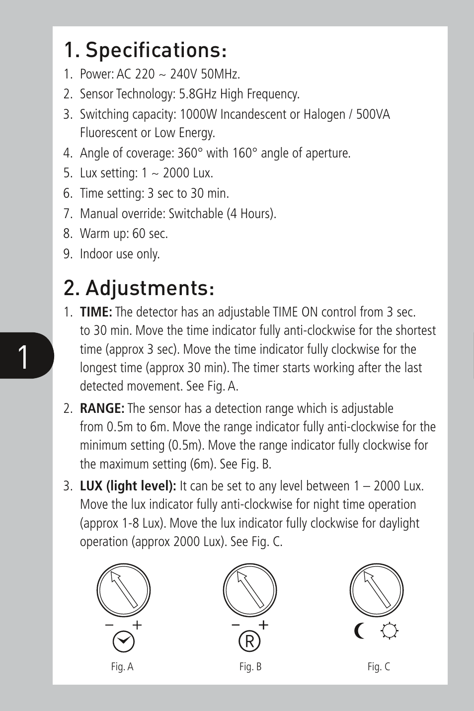 Adjustments, Specifications | Timeguard HF1 User Manual | Page 2 / 8