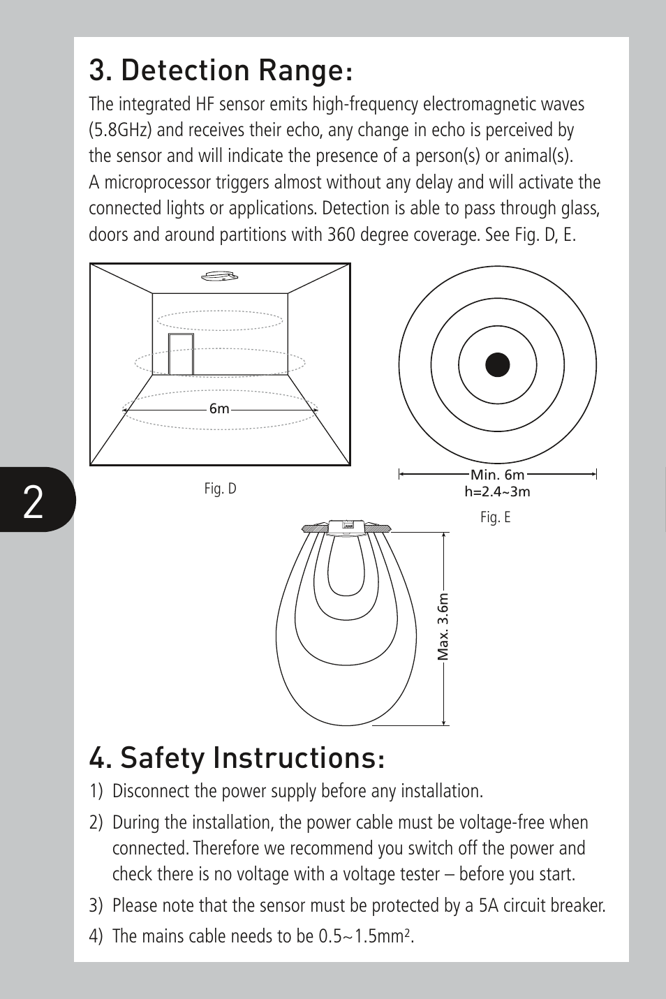 Detection range, Safety instructions | Timeguard HF1 User Manual | Page 3 / 8