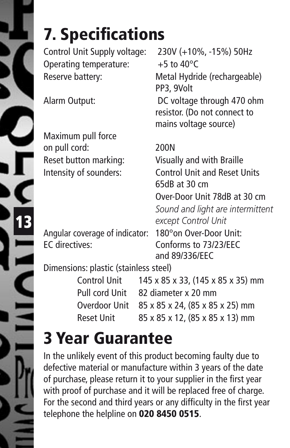 3 year guarantee, Specifications | Timeguard EADS User Manual | Page 14 / 16