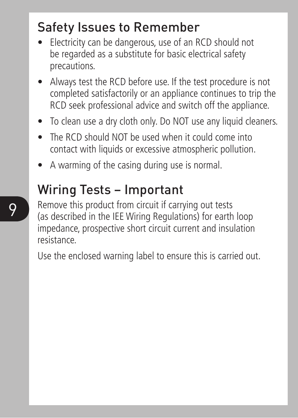 Safety issues to remember, Wiring tests – important | Timeguard RCD10WPV User Manual | Page 10 / 12