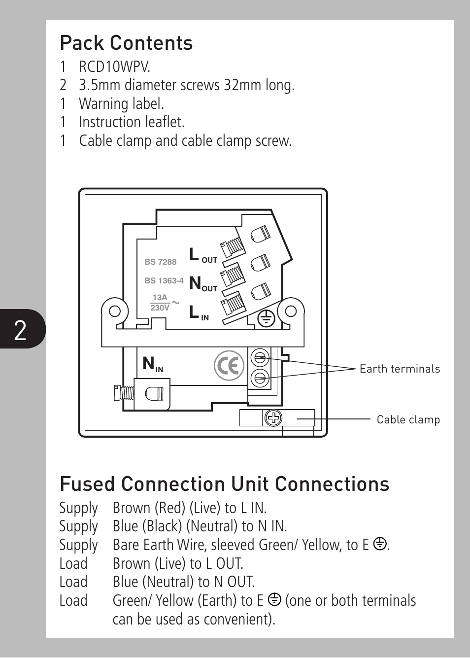 Pack contents, Fused connection unit connections | Timeguard RCD10WPV User Manual | Page 3 / 12