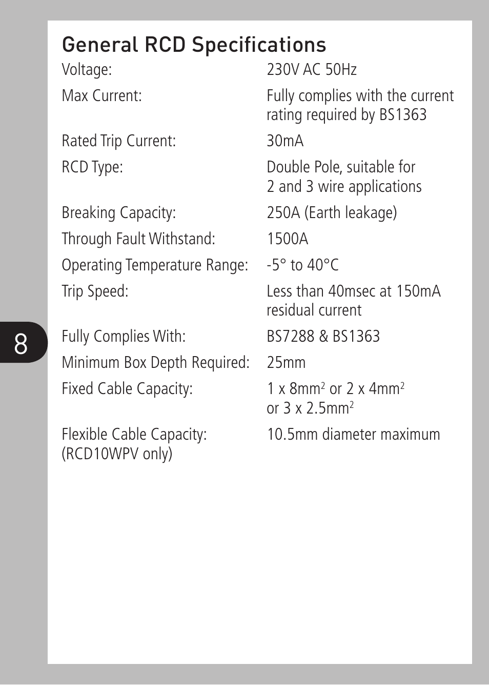 General rcd speciﬁ cations | Timeguard RCD10WPV User Manual | Page 9 / 12