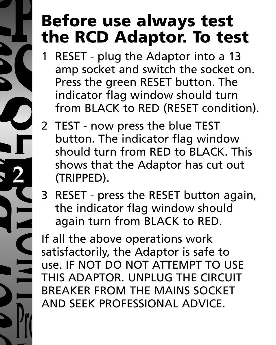 Before use always test the rcd adaptor. to test | Timeguard CB008 User Manual | Page 3 / 8