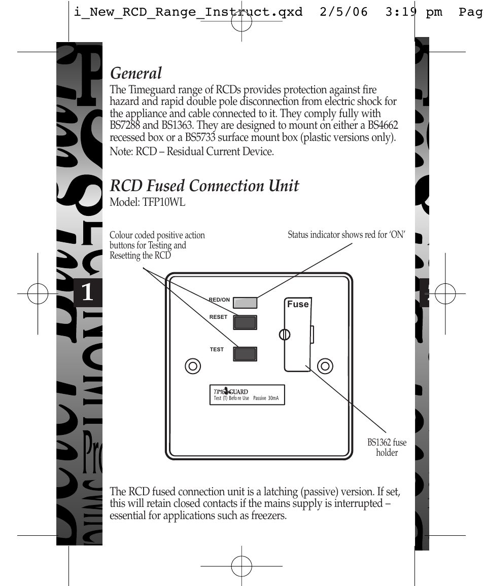 General, Rcd fused connection unit | Timeguard TFP10WL User Manual | Page 2 / 12