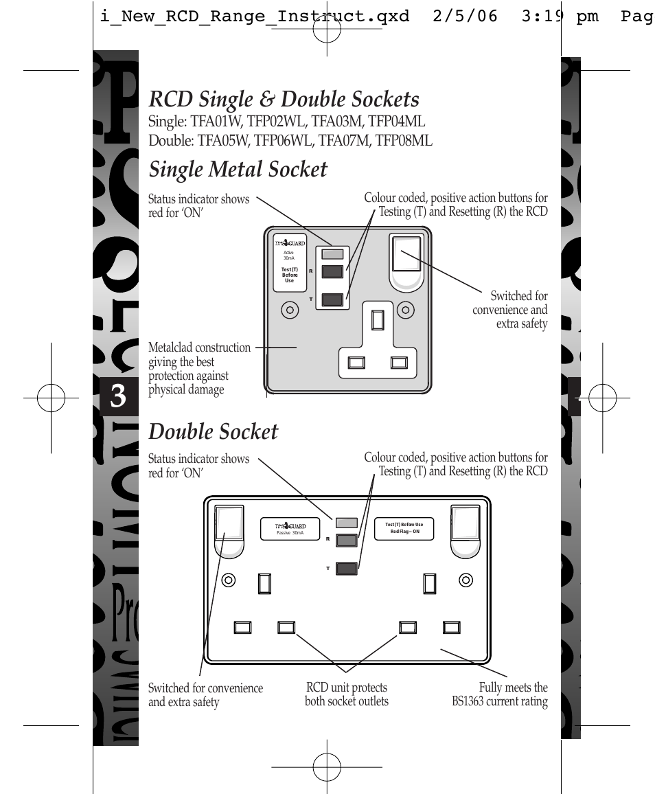 Double socket single metal socket, Rcd single & double sockets | Timeguard TFP10WL User Manual | Page 4 / 12