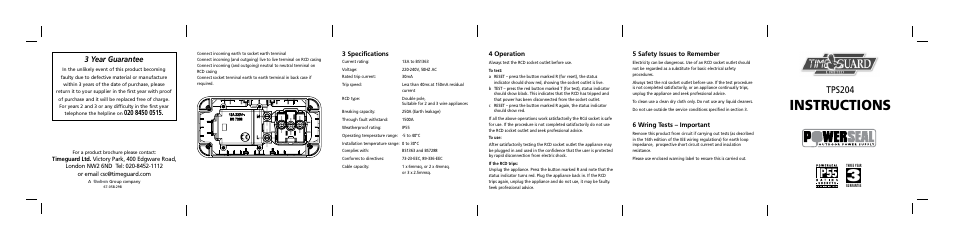 Instructions, Tps204, 3 year guarantee | Timeguard TPS204 User Manual | Page 12 / 12