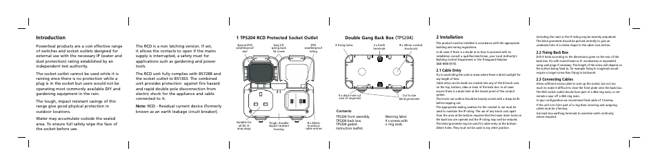 Introduction, 1 tps204 rcd protected socket outlet, Double gang back box (tps204) | 2 installation | Timeguard TPS204 User Manual | Page 3 / 12