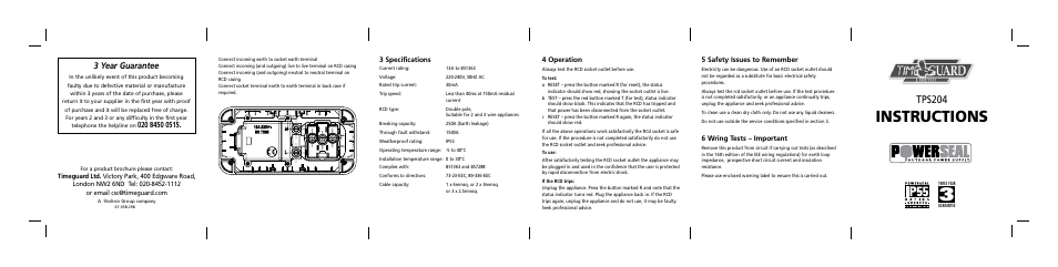 Instructions, Tps204, 3 year guarantee | Timeguard TPS204 User Manual | Page 9 / 12