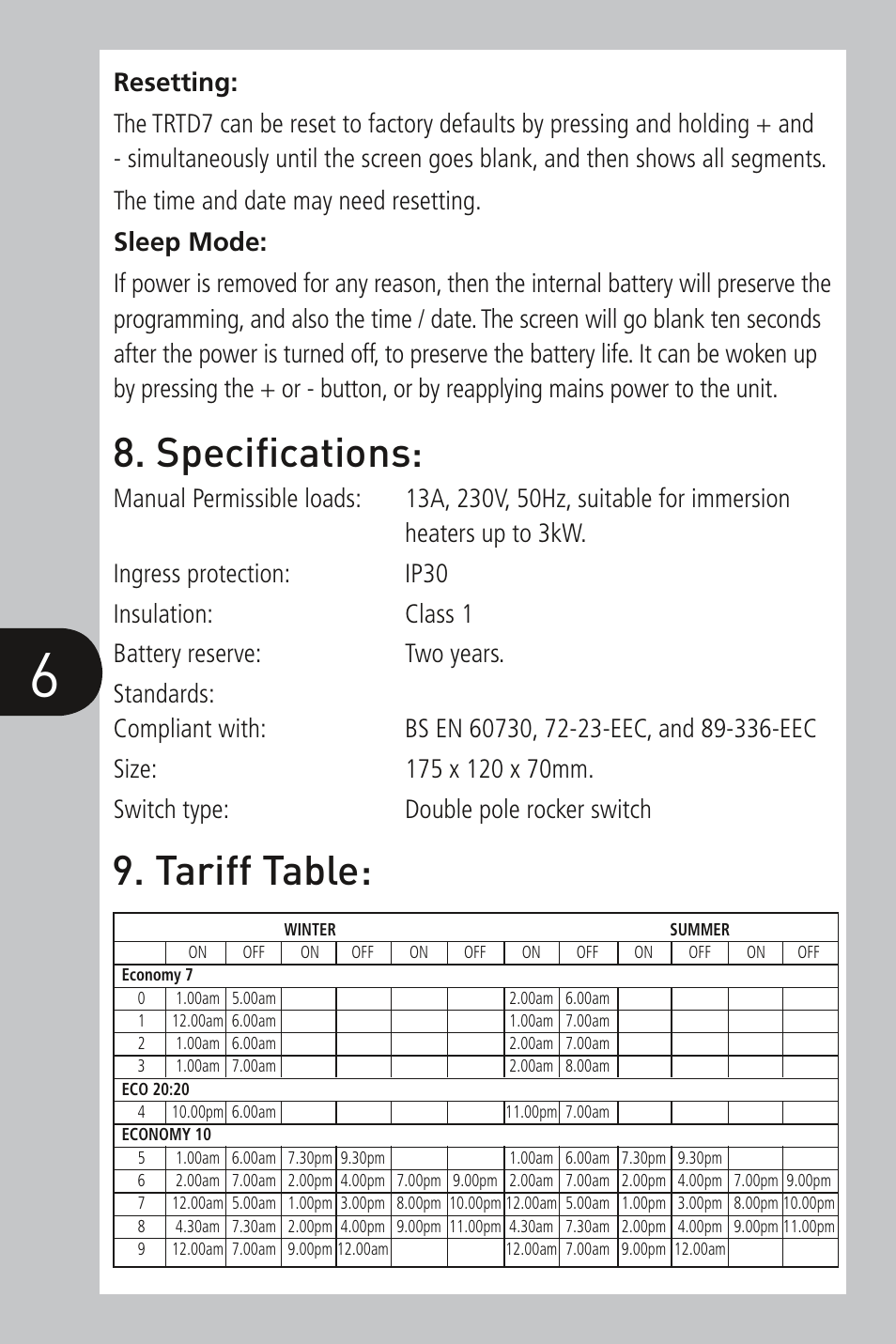 Digital economy seven programmer, Model: trtd7 - white, Specifications | Tariff table | Timeguard TRTD7 User Manual | Page 7 / 8