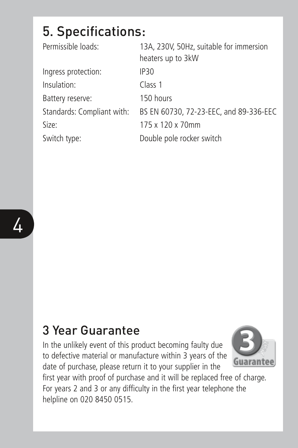 Specifications, 3 year guarantee | Timeguard TRTM7 User Manual | Page 5 / 6