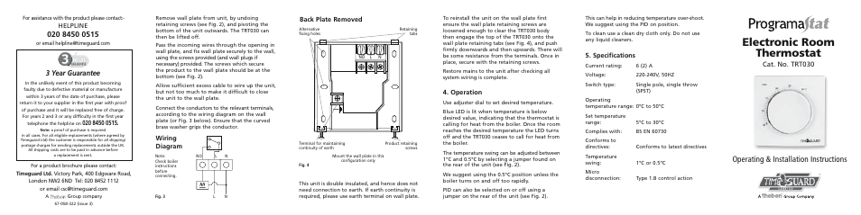 Electronic room thermostat, Operating & installation instructions, 3 year guarantee | Cat. no. trt030, Helpline, Operation, Wiring diagram, Back plate removed, Specifications | Timeguard TRT030 User Manual | Page 5 / 7