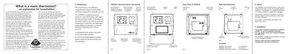 Xtim1561_trt033c_135x90_instructions_iss3 copy 2, What is a room thermostat, An explanation for householders | Introduction, Siting, Installation, Trt033c electronic room thermostat contents, Back plate removed, Rear view of trt033c | Timeguard TRT033C User Manual | Page 2 / 7