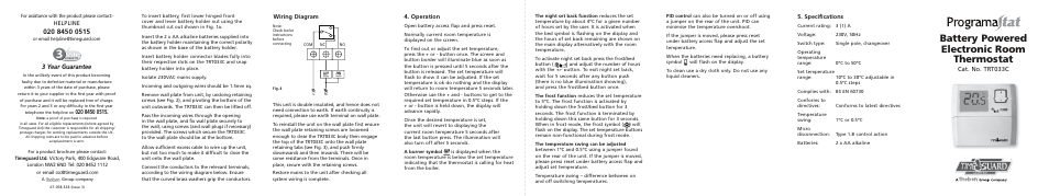 Battery powered electronic room thermostat, 3 year guarantee, Cat. no. trt033c | Specifications, Wiring diagram, Operation, Helpline | Timeguard TRT033C User Manual | Page 7 / 7