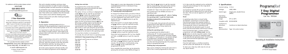 7 day digital programmer, Operating & installation instructions, 3 year guarantee | Cat. no. trt034, Specifications, Operation, Helpline | Timeguard TRT034 User Manual | Page 5 / 7