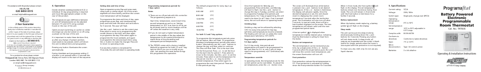 Operating & installation instructions, 3 year guarantee, Cat. no. trt035 | Operation, Specifications, Helpline | Timeguard TRT035 User Manual | Page 6 / 9