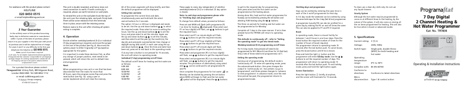 Operating & installation instructions, 3 year guarantee, Cat. no. trt036 | Operation, Specifications, Helpline | Timeguard TRT036 User Manual | Page 5 / 7