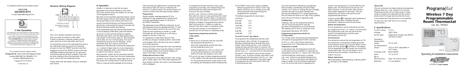 Wireless 7 day programmable room thermostat, Operating & installation instructions, 3 year guarantee | Cat. no. trt037, Helpline, Receiver wiring diagram, Operation, Specifications | Timeguard TRT037 User Manual | Page 5 / 7