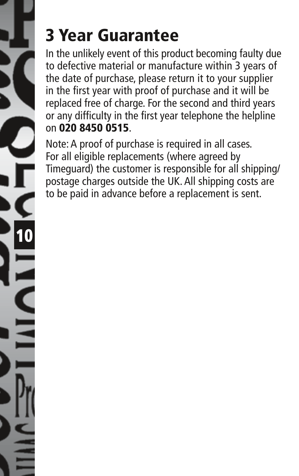 3 year guarantee | Timeguard TPT44 User Manual | Page 11 / 12