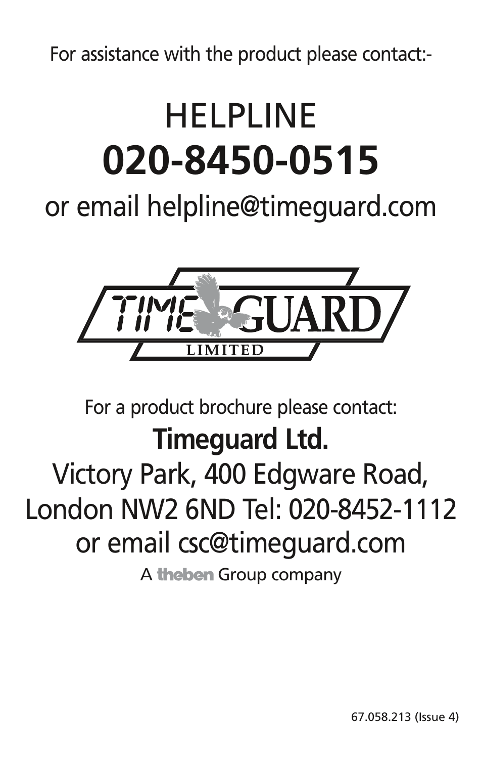 Helpline | Timeguard TPT44 User Manual | Page 12 / 12