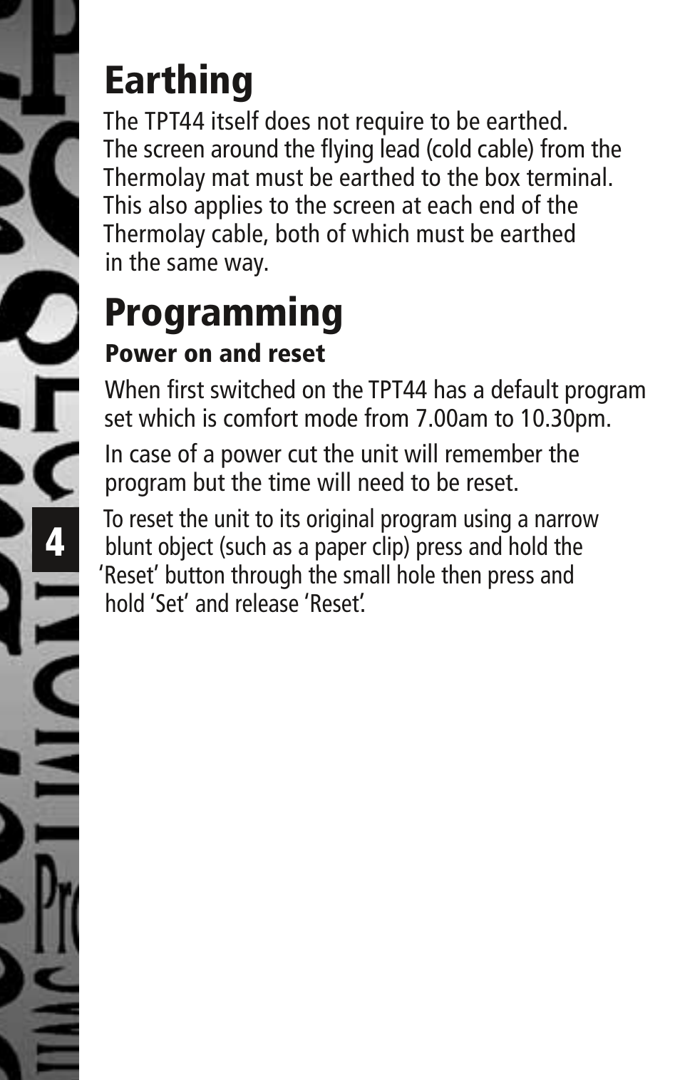 Earthing, Programming | Timeguard TPT44 User Manual | Page 5 / 12